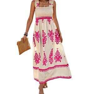 Off-White Ruched Square Neck Dress Fuchsia Trim Sleeveless Flattering Fit S-XL